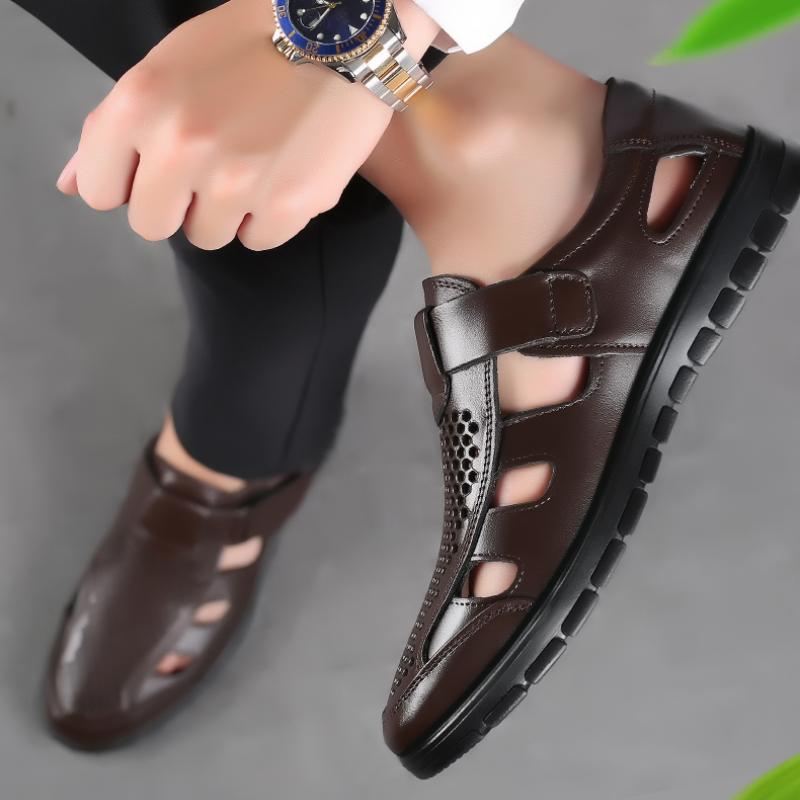 Casual Leather Sandals Breathable Men Summer Fashion Soft Non-slip Wearable Work Hollow Out Comfortable Male Classic Black Brown