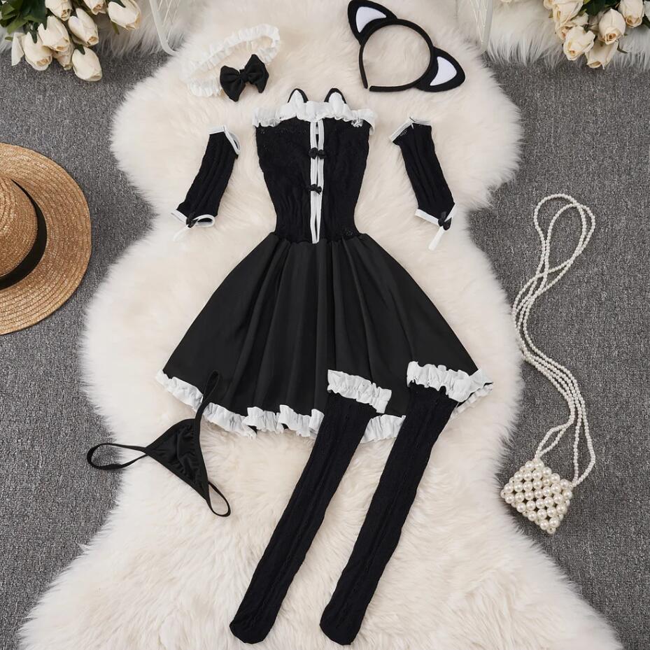 Sexy Costume Women Cute Mini Skirt With Elastic Waist Sweet Cute Black Night Dress Ruffle Nightgown Cosplay Sexy Pajama