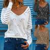 Women's Fashion Heart Print V-Neck Plus Size Long-Sleeve Tops Blouse
