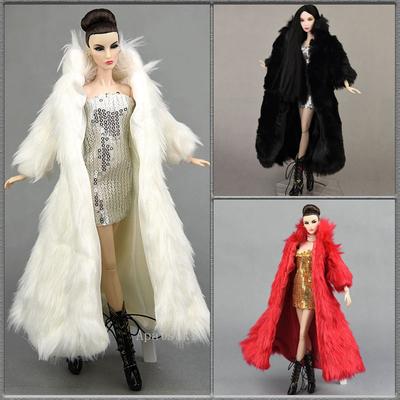 Doll Accessories For Barbie Doll Outfit Parka Dress Winter Super Long Fur White Coat & Silver Dress Fashion Clothes For 1/6 Doll
