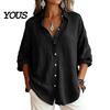 Casual Long Sleeve Tops Women Button Front Shirt, Turndown Collar Blouse, Relaxed Fit Solid Color Drop Shoulder Fall Top for Daily Wear