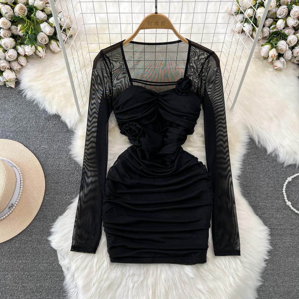 Spring and Autumn Women's Dress Pure Desire Spice Girl Sexy Long Sleeve Square Neck Waist Slimming Mesh See Through Stereoscopic Flower Hip Dress
