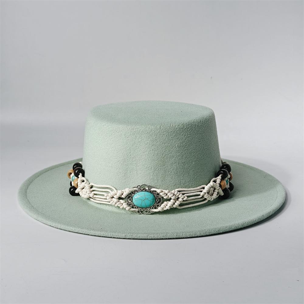 

TurquoiseFedora Hat Women Men Autumn Winter Classic Felt Wide Brim Flat Top Jazz Panama Hat Casual Party Church Hat 56-58cm