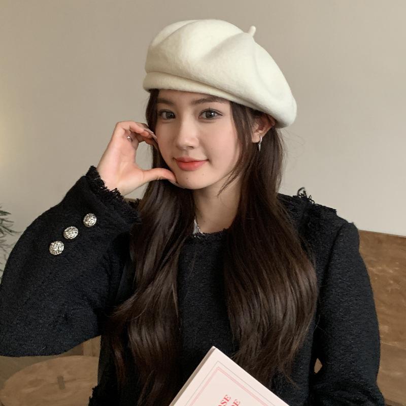 New autumn and winter light board versatile pure wool hat wool knitted hat rabbit plush beret painter bud hat