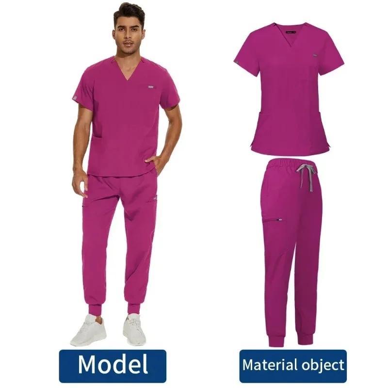 Men Scrubs Suit Plug Size Medical Uniforms V Neck Scrub Top Short Sleeve Pure Cotton Medical Pants Loose Nursing Workwear Doctor