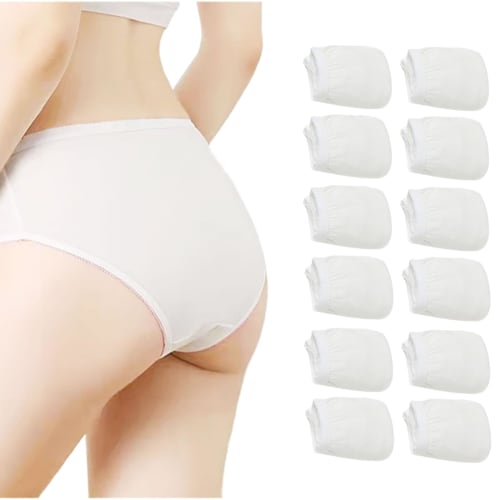 

RS SHOP 12-Count Disposable Panties (Size M) Pure White Polyester Cotton Sanitary Hygienic Individually Wrapped Perfect for Travel, Hospitalization, N
