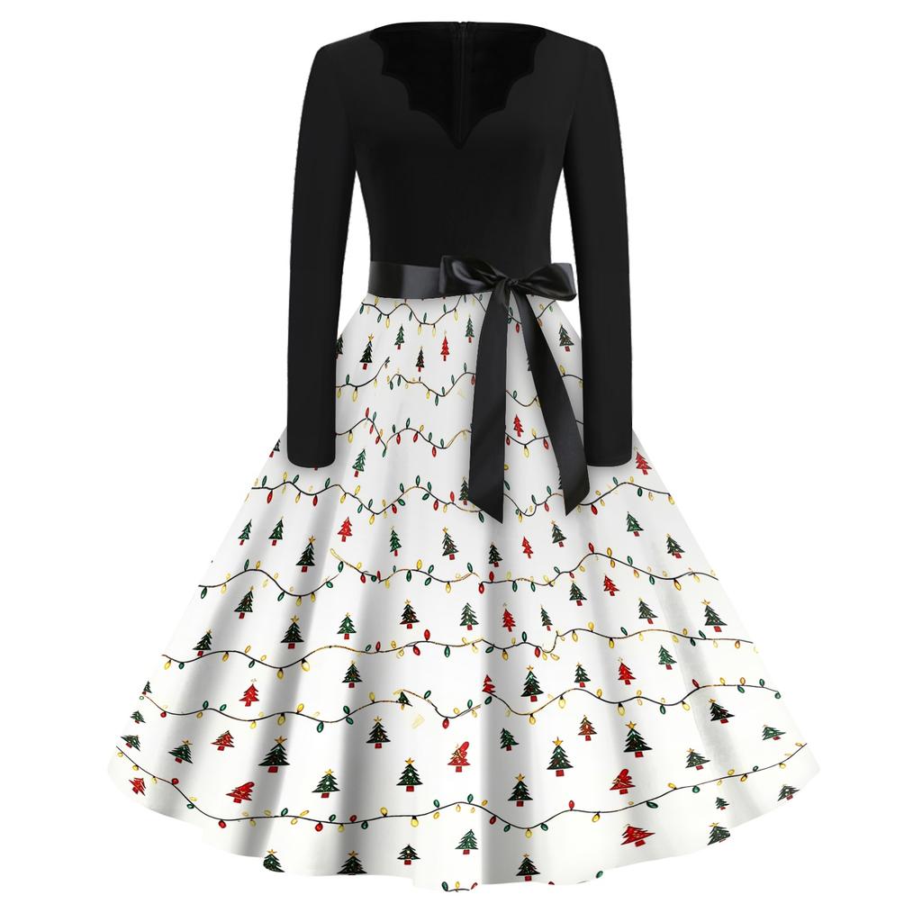 Women's Casual Christmas Print V Neck Vintage Dress for Holiday Party and Everyday Wear