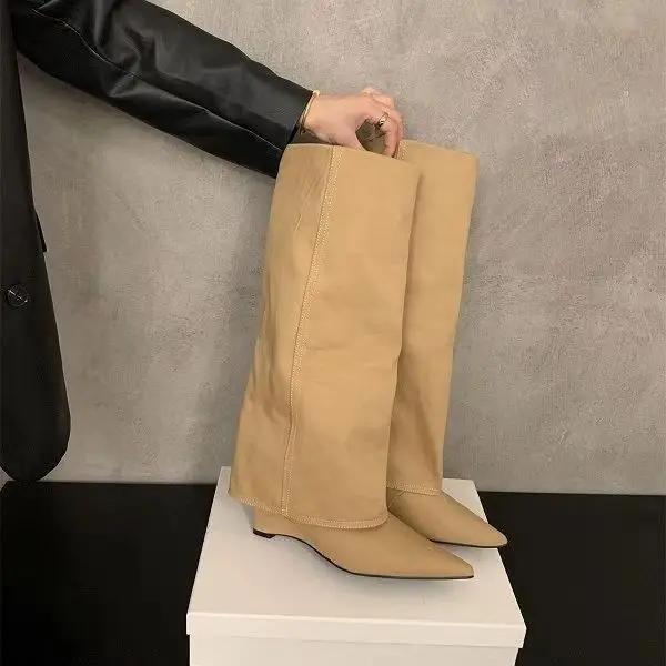 

Острый носок, покатые брюки, сапоги на каблуке, новые осенне-зимние женские винтажные ковбойские сапоги до колена на высоком каблуке для женщин 40