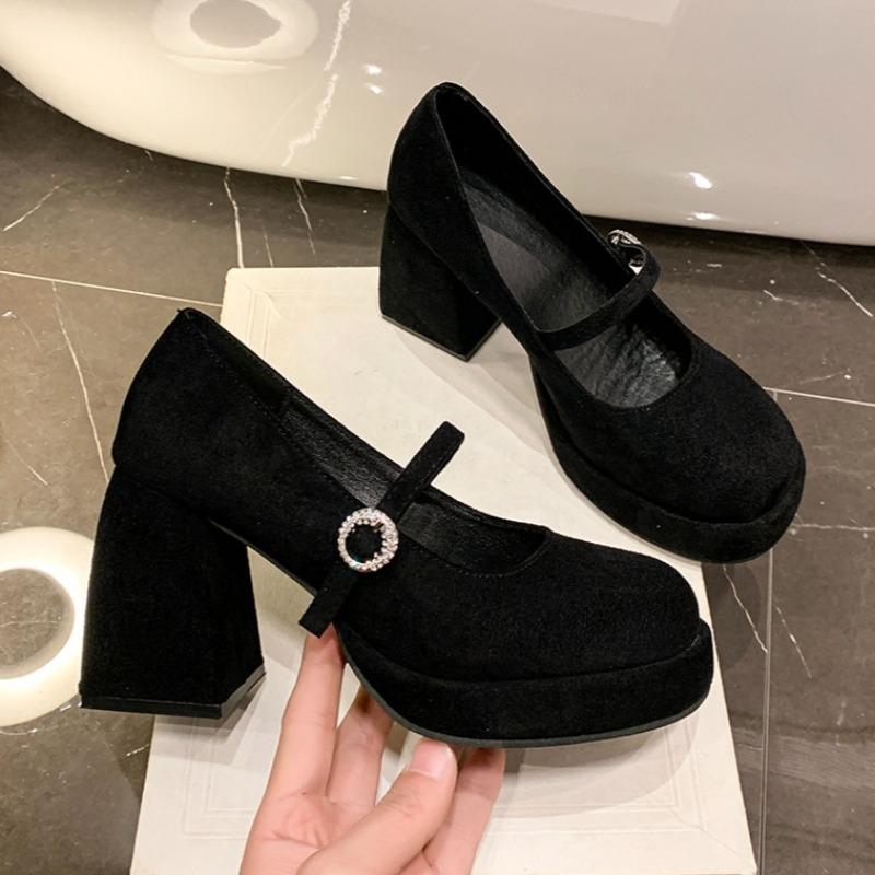Fashion Crystal Suede Women High Heels Shoes 2025 Autumn Shallow Chunky Pumps Elegant Comfort Mary Janes Shoes Dress Chaussures Femme