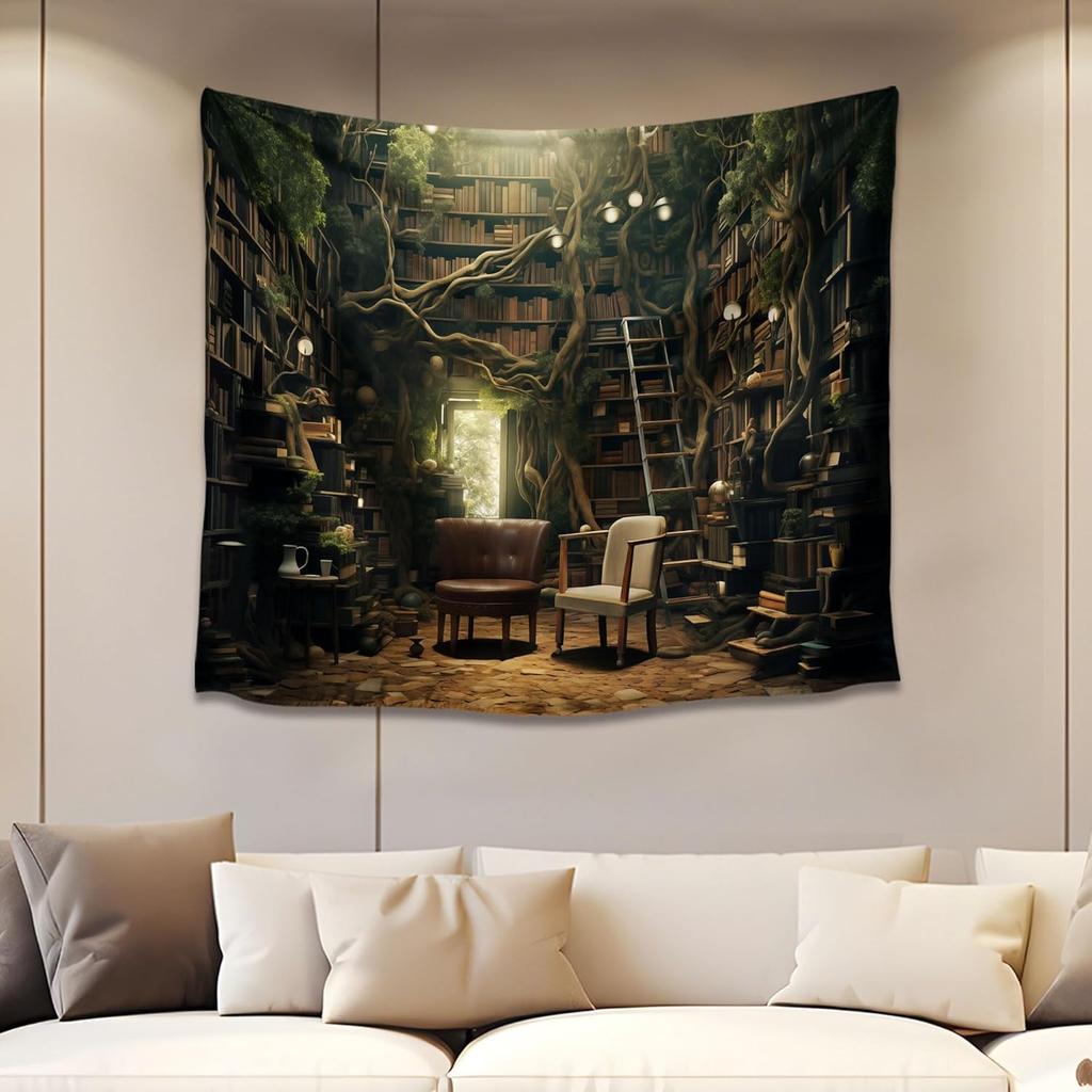 Bookshelf Tapestry Fairy Tale Forest Academic Tapestry Wall Hanging Fantasy Witch Backdrop for Bedroom Living Room Decor