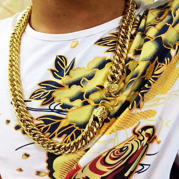 2026 Jewelry Gold Plated Jewelry Men s Necklace Snake Bone Boss Chain Flat Fu Buckle Horsewhip Chain 12mm+70cm