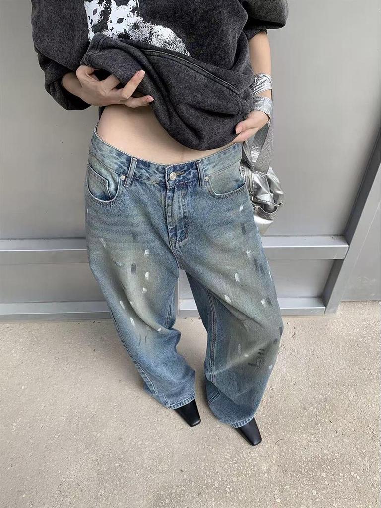 Women's Wide-Leg Jeans - Post-Apocalyptic Ink Splatter, Distressed Vintage Style for Autumn 2025