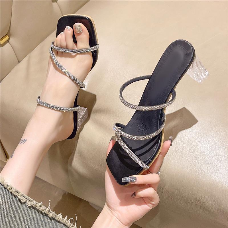 French high-heeled slippers women's summer outer wear 2025 new rhinestone small fragrant wind transparent word with thick heel crystal sandals