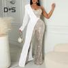 Damen-Overall, einschulterig, einärmelig, Anzug, Mantel, Kleid, Patchworl, glänzende Pailletten, asymmetrisch, farblich passend, weites Bein, enge Taille, Abschlussball-Party-Overall