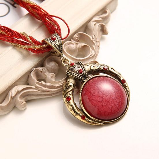 Round Unique Carved Bohemian Vintage Necklace Lady Multilayer Beads Chain Pendant Necklace