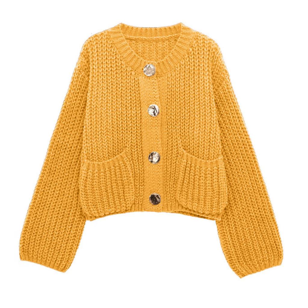 European Casual Women's Solid Color Round Neck Cardigan Sweater - Loose Knit Long Sleeve Top