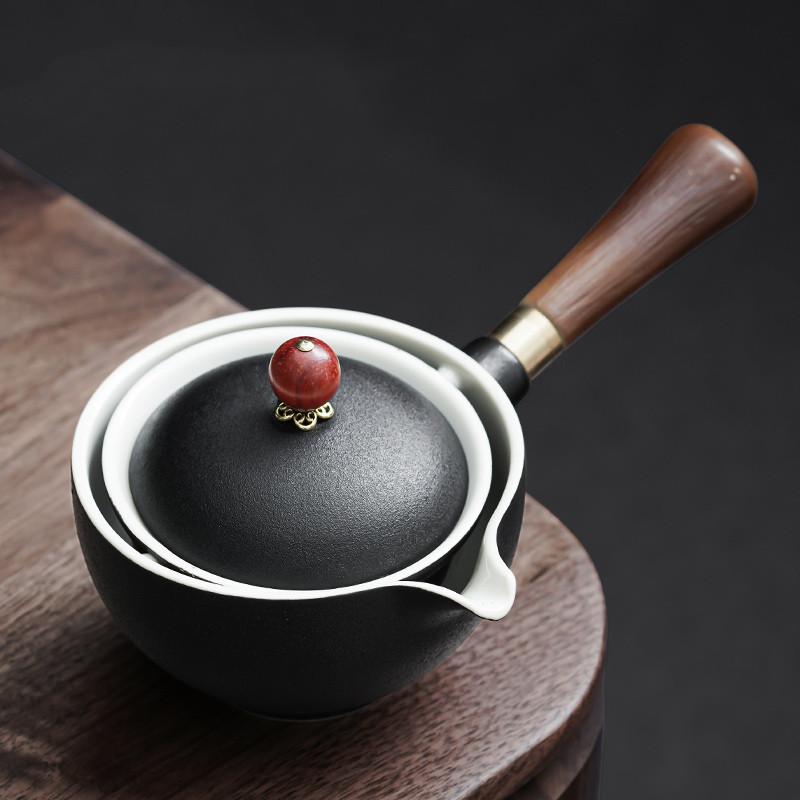Chińska Porcelana Zestaw do Herbaty Gongfu Przenośny Zestaw Czajniczek z Obrotowym Zaparzaczem 360 i Filtrem Przenośna Torba Prezentowa All in One