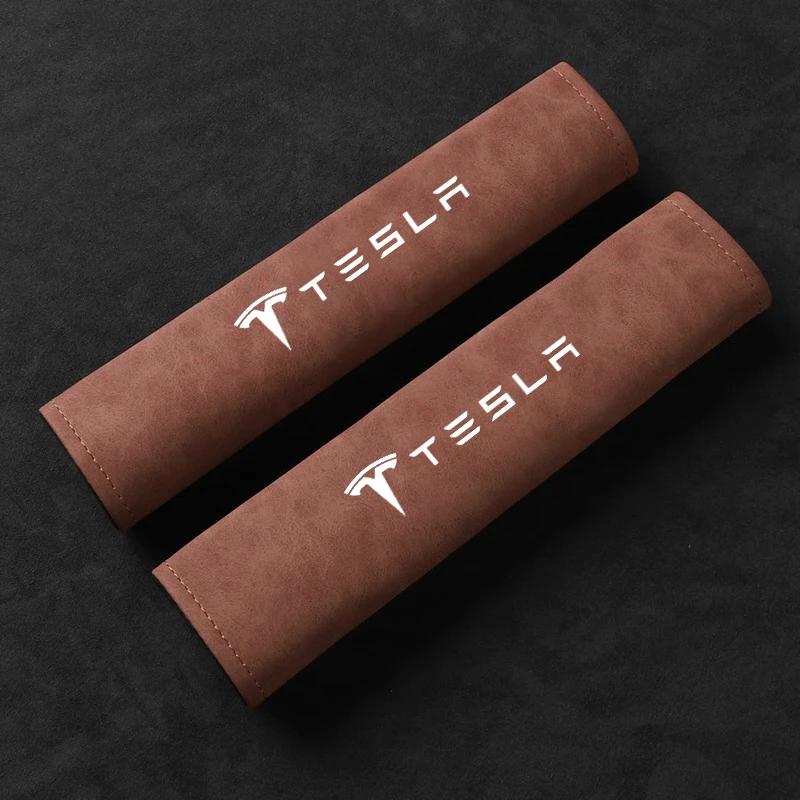 Car Sticker Tesla 2PCS Leather Universal Car Seat Belt Shoulder Cover Pad For Tesla Model 3 Y S X 2021 Roadster Auto Styling Int
