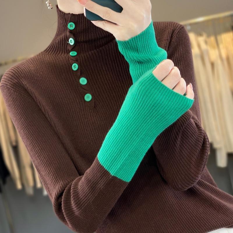 IHUASU Half Open Turtleneck Jumper Women's Autumn and Winter Design Sense of Colour Blocking Wool Knitted Bottoming Shirt