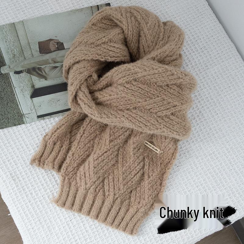 Korean-Style Cozy Knit Scarf- Solid, No Tassels, Autumn/Winter