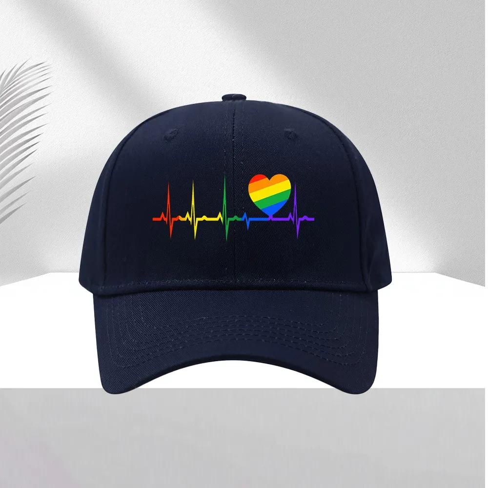 Pride Heartbeat ECG Rainbow Baseball Cap Unisex Polyester Adjustable Casual Sun Hat One Size