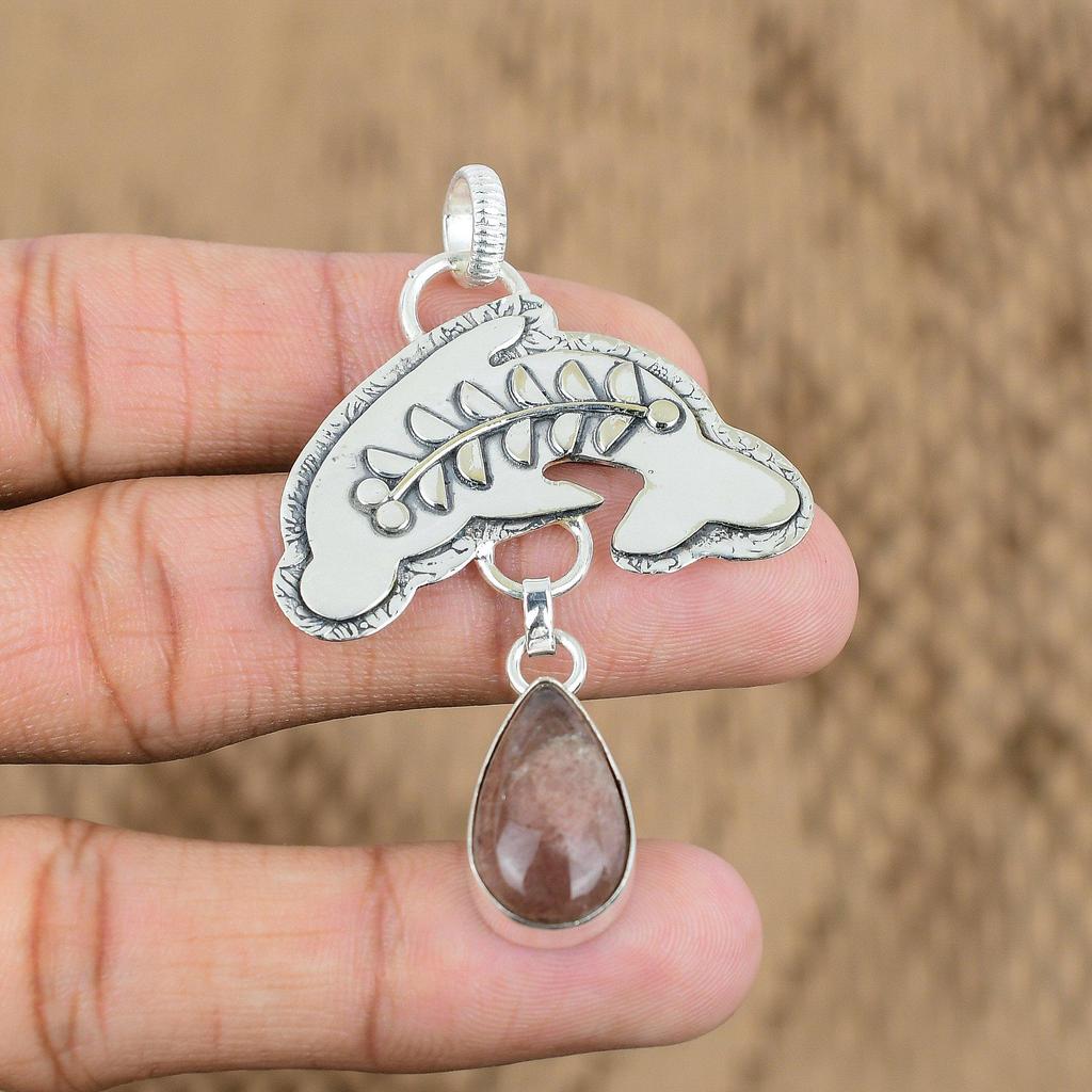 Anniversary Gift For Her Natural Cherry Quartz Gemstone Pendant Fish 925 Silver