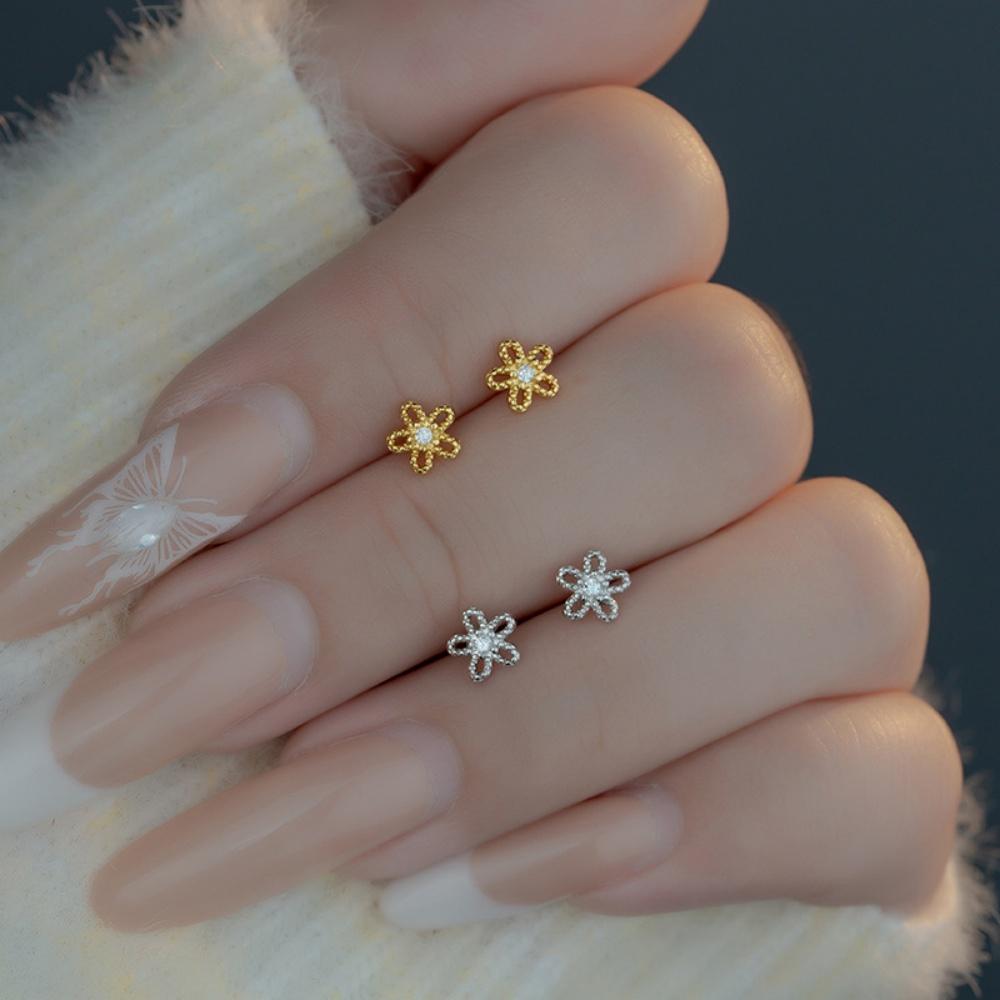 925 Silver Plated Hypoallergenic Mini Hollow CZ Flower Earrings for Women Girls Simple Sweet Ear Pierced Earrings Jewelry Gift