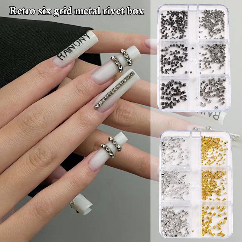 6 Grids 3D Mini Punk Metal Nail Studs Mix Size Silver Gold Black Nail Art Charms Alloy Rivets Stick Cone Diy Crafts Decoration