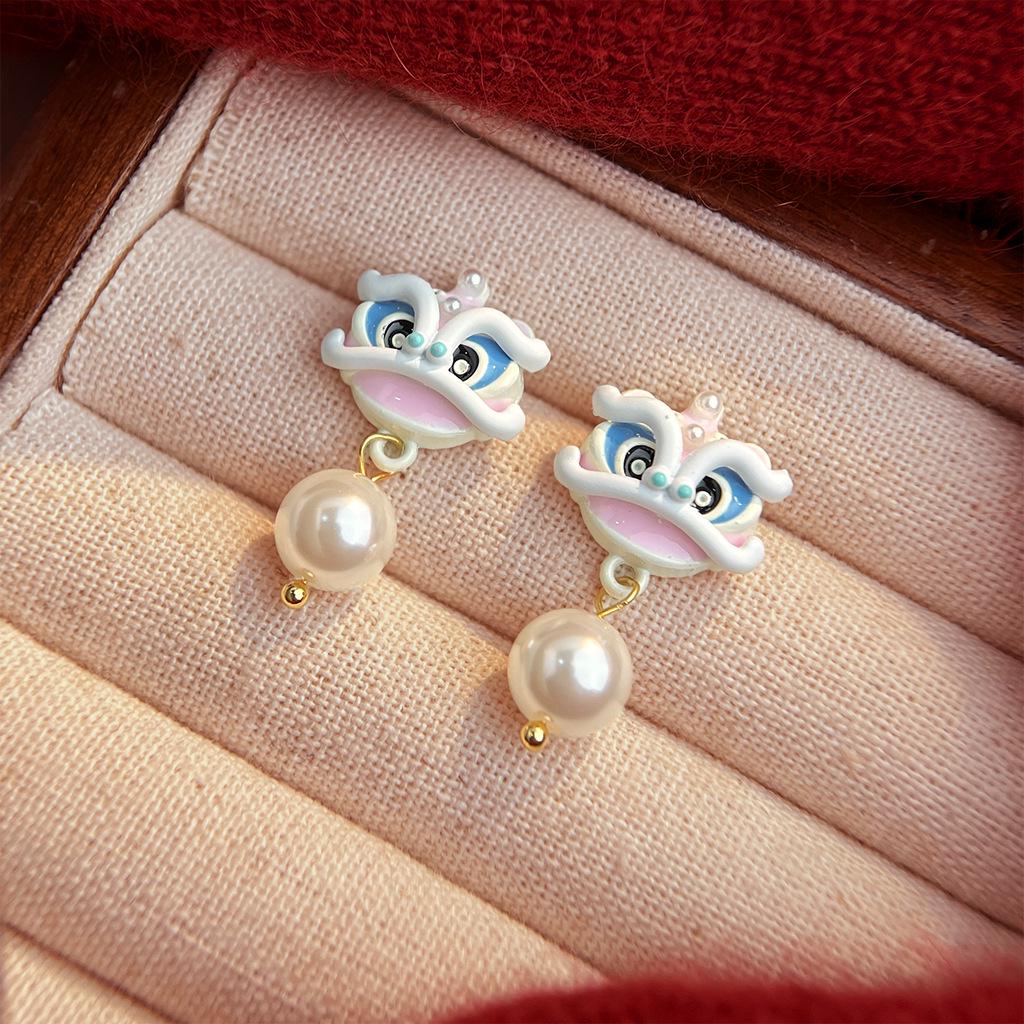 Chinese National Style Handmade Lion Earrings - High-End Cartoon Design, Cute New Year Theme