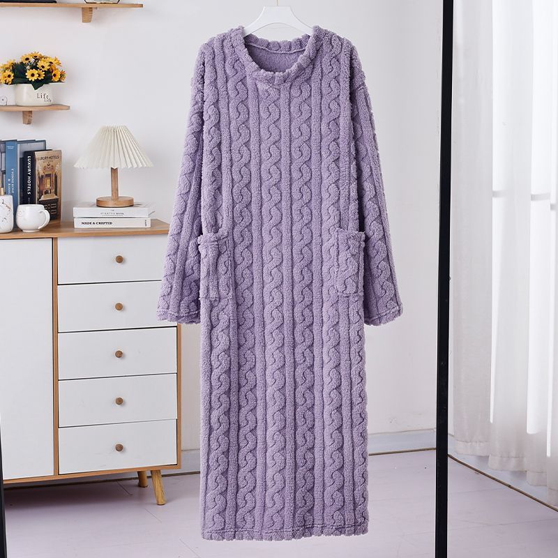 Coral Velvet Women's Nightgown Autumn and Winter Long Sleeve Double Pocket Flannel Nightgowns Women Loose Solid Sleepwear