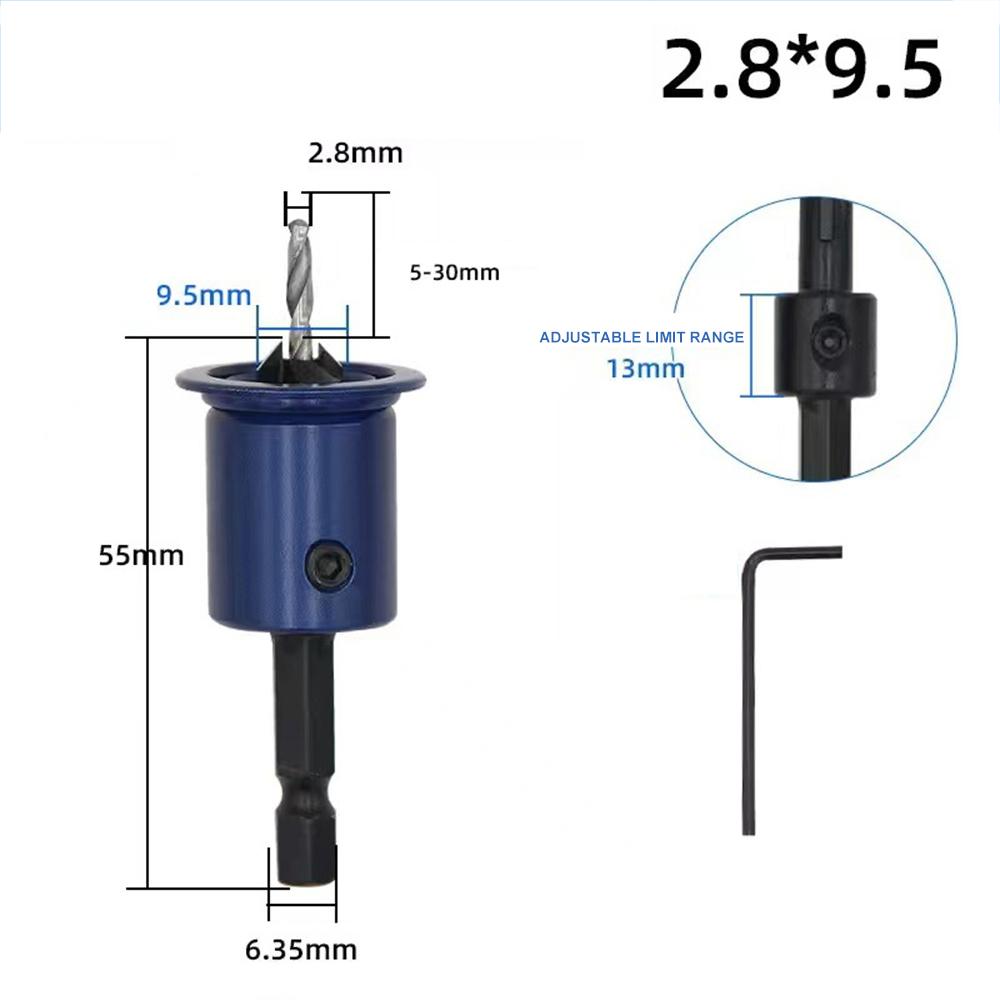 6.35mm 1/4 Inch Shank Countersink Drill Bit Woodworking Counterbore Hole Drill Bit Adjustable Depth Stop Limit Hex Shank Drill