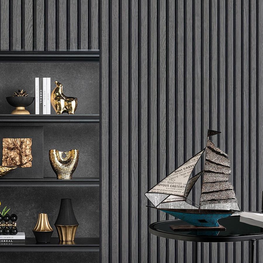 New Black and Gray Grille Imitation Wood Grain Self-adhesive Waterproof Wallpaper New Chinese Style Background Wall Wallpaper