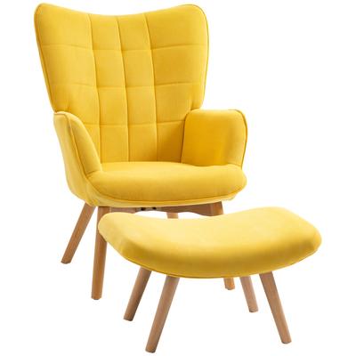 Accent Chair with Stool, Recliner In Corduroy Look, Armchair with Wooden Legs, for Living Room, Yellow