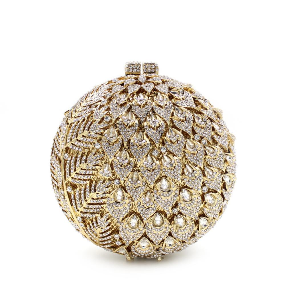 

Round rhinestone bag Hollow metal crystal dinner bag Handmade diamond-encrusted banquet clutch women s bag