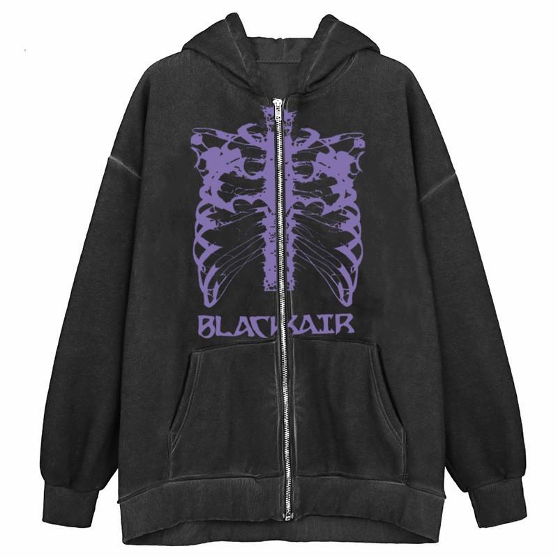 Y2K Skeleton Print Zip-Up Hoodie Womens Oversized Streetwear Sweatshirt 90s Retro Graphic Pullover