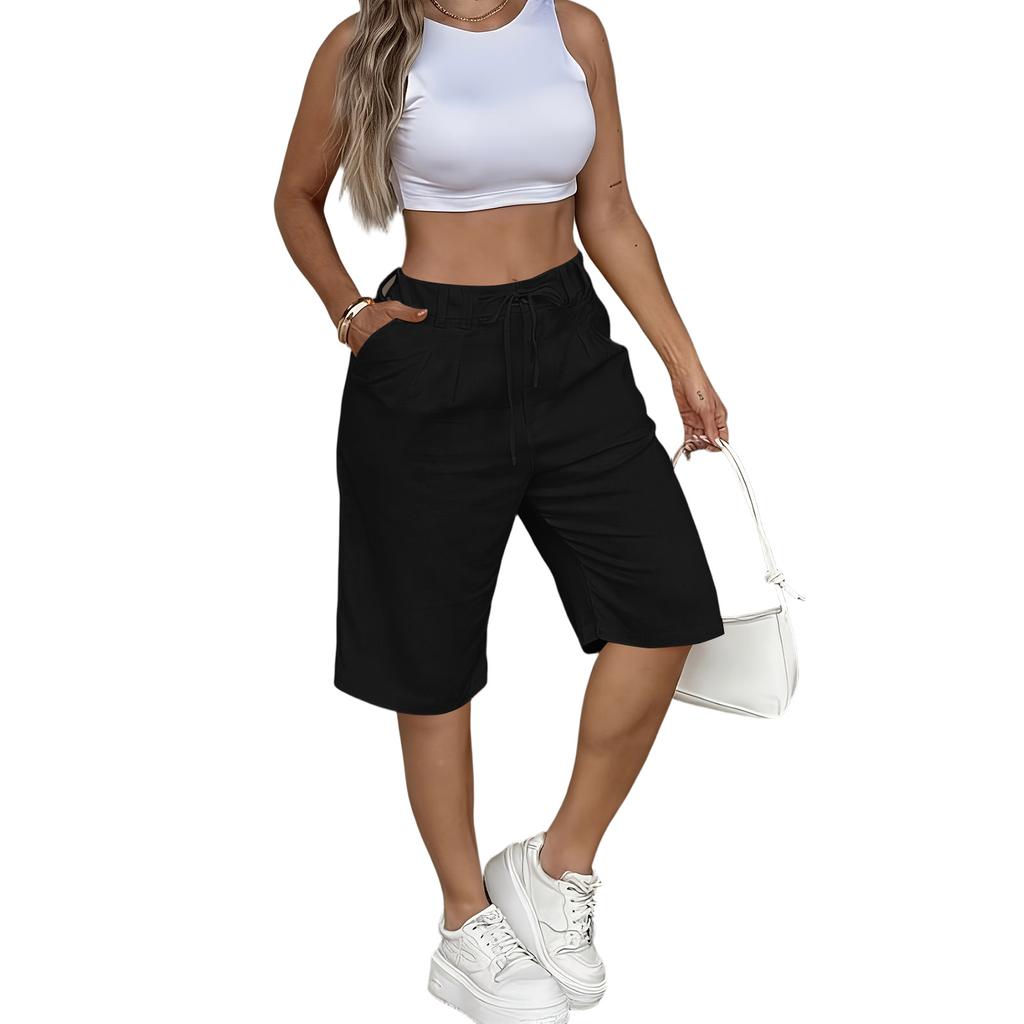 Women’s Casual Loose Fit Drawstring Waist Knee Length Shorts with Pockets for Everyday Wear and Comfort