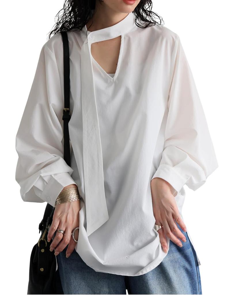 Antiqua Tie Layered Shirt One Size White Women's Blouse, PK-01317, 03,