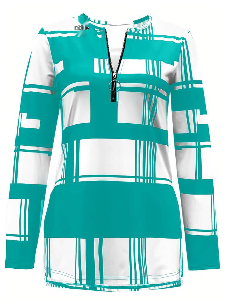 2025 Plus Size Women's Color Block Long Sleeve Zipper Shirt with Digital Print