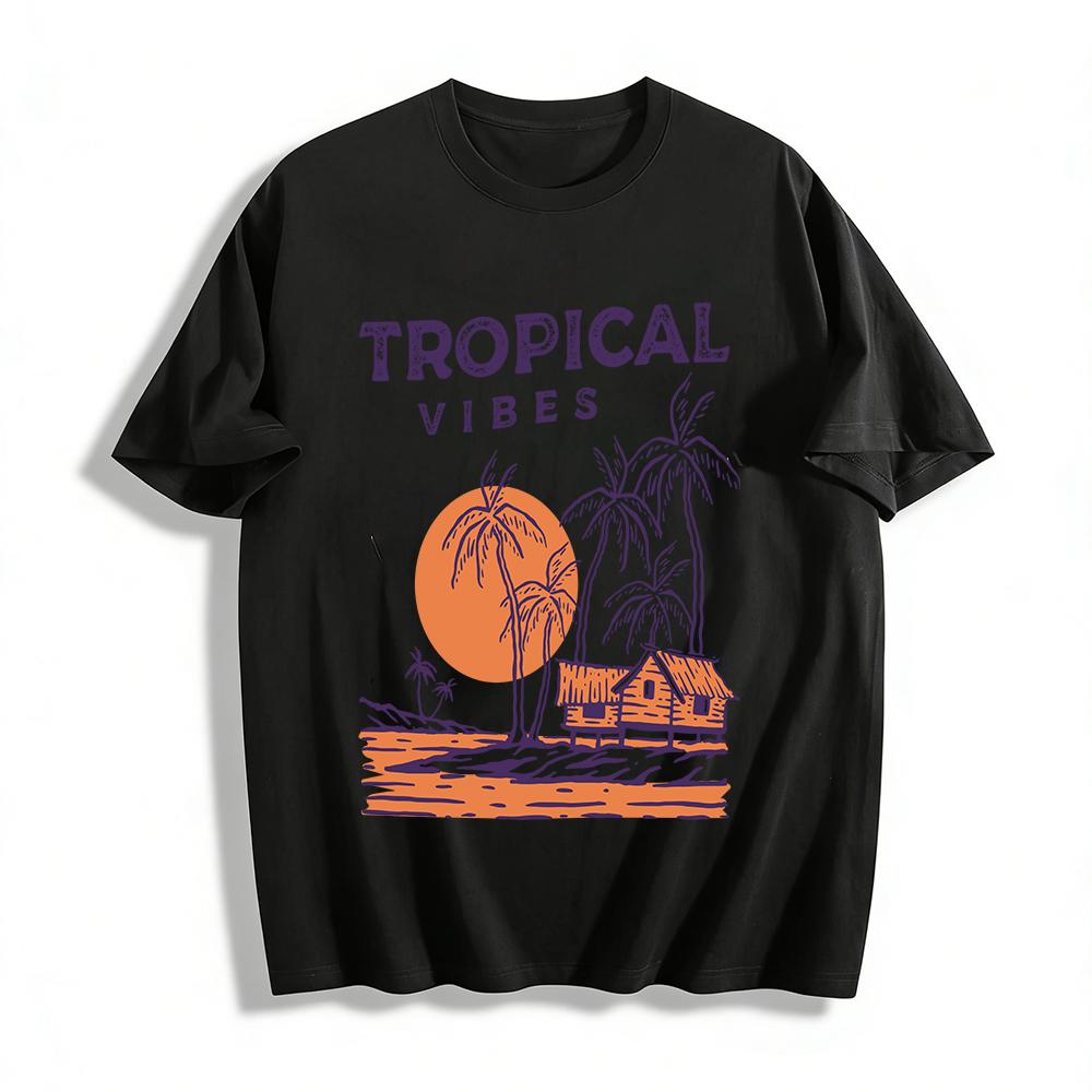 Tropical Vibes Coconut Tree Beach Hut Graphic Print Casual Tee Pure cotton T-shirt XXS