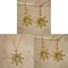 Gothic Gold And Light Green Sun Necklace And Earrings Set With Geometric Pendant For Party Wear