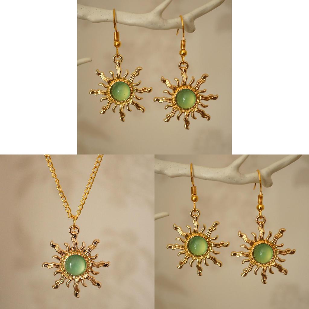 Gothic Gold And Light Green Sun Necklace And Earrings Set With Geometric Pendant For Party Wear