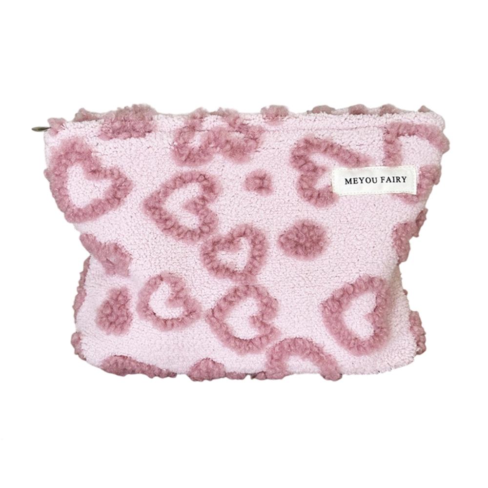 

Size L Heart Pattern Soft Plush Makeup Bag Portable Cosmetic Organizer Toiletry Storage Pouch
