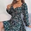 Floral Long Sleeve A Line Dress for Women High Waist V Neck Summer Spring Long Dress Pleated Elegant