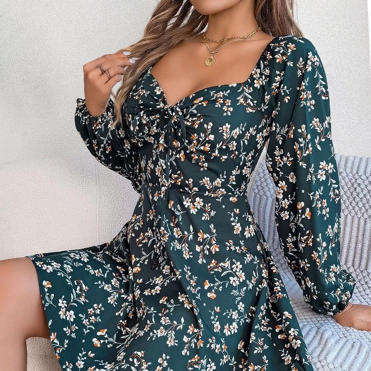 Floral Long Sleeve A Line Dress for Women High Waist V Neck Summer Spring Long Dress Pleated Elegant