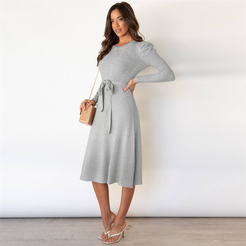 Knitted Dress Big Swing Dress Base Sweater Dress Slimming High Waist Bubble Long Sleeve Mid-Length