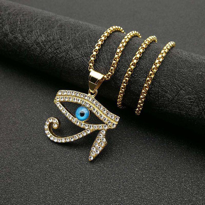 Pendentif Œil d'Horus Bling Glacé Égyptien Couleur Or Acier Inoxydable Amulette Charme Collier pour Hommes Bijoux Cadeau Égypte Ancienne