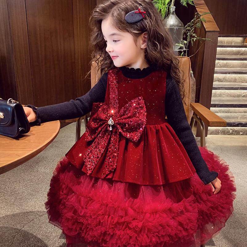 MIMIHELLO Girls  2025 Winter Velvet Mesh Princess Dress 130cm