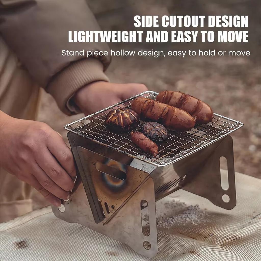 Grill ze stali nierdzewnej, przenośny, składany, piecyk grzewczy, wielofunkcyjny, kempingowy, stojak na grilla, siatka, piec na drewno opałowe