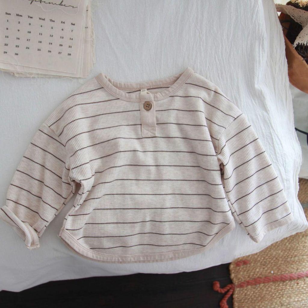 Korean Style Boys' Striped Retro T-shirt - Round Neck, Spring Fashion