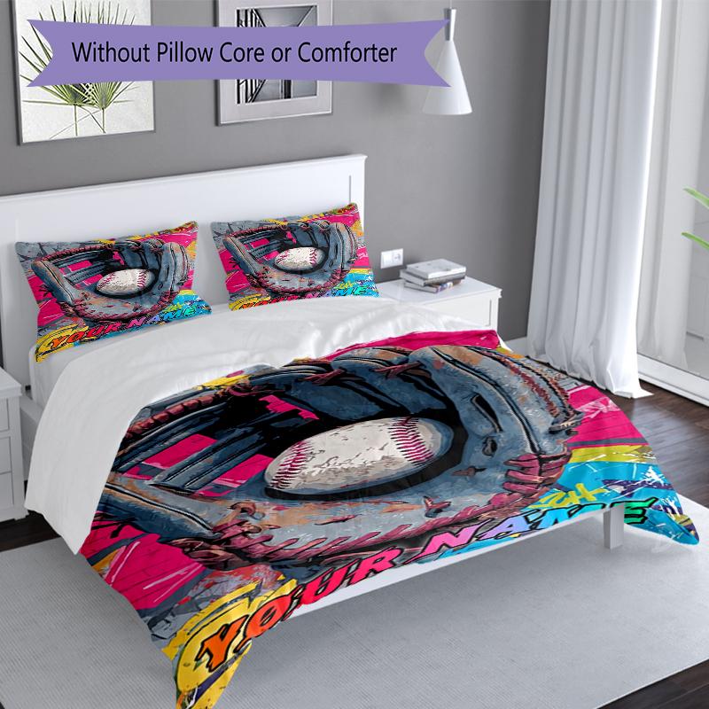 3PC Custom Name Baseball Glove Ball Bedding Set Duvet Cover Closure Includes 1 Duvet Cover & 2 Pillowcases for Bedroom